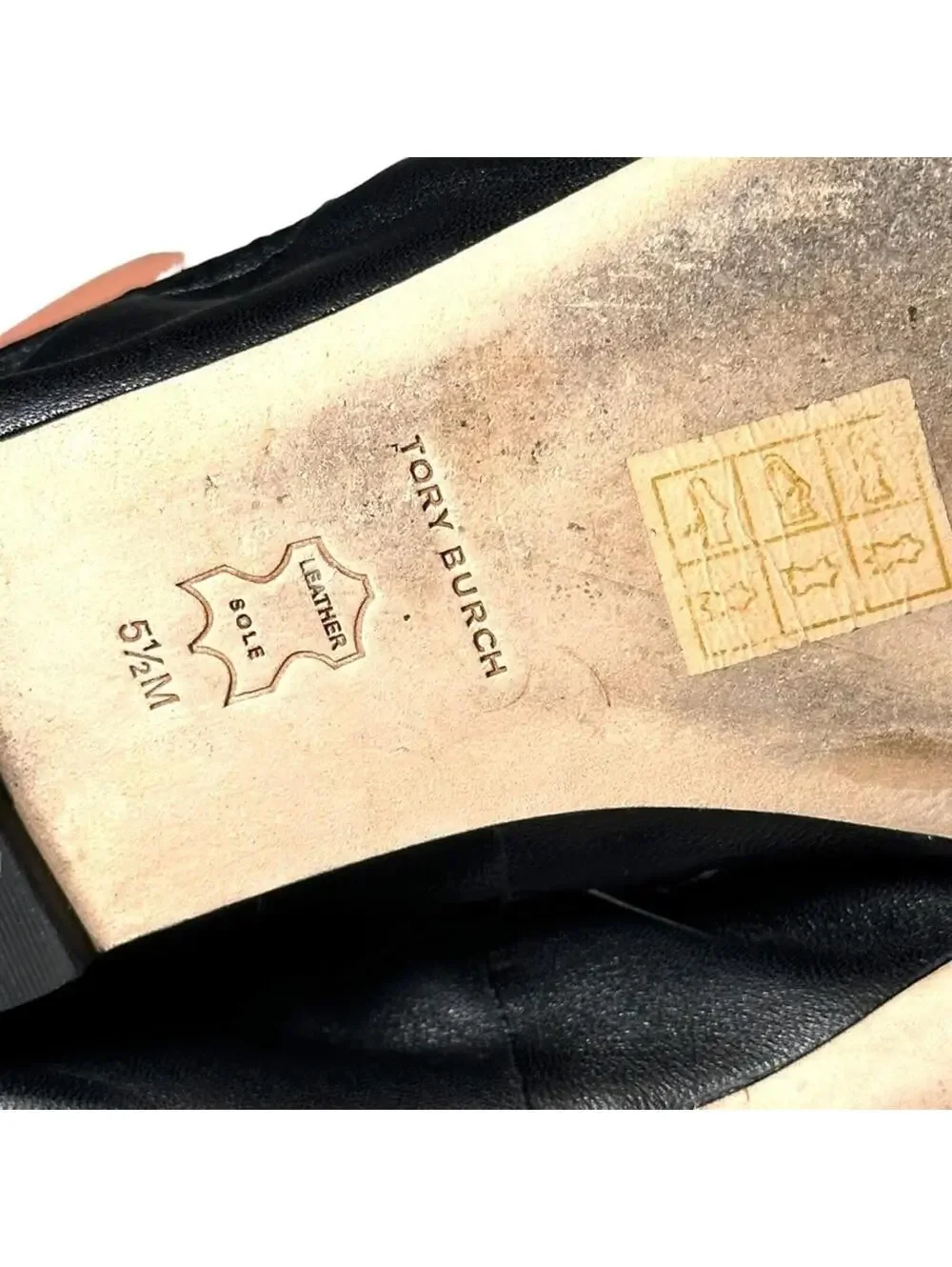 Tory Burch Britten Leather Ballet Flats Black Gold Logo 5.5M